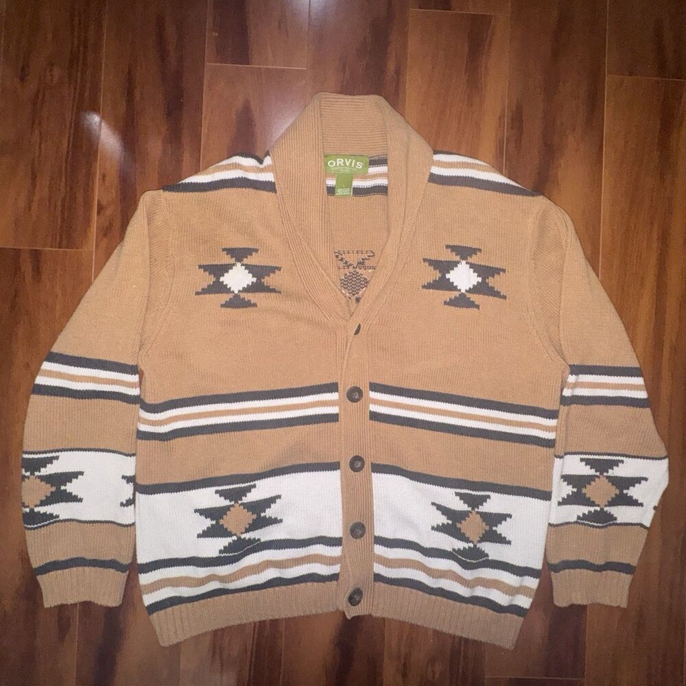 Orvis Mens L Southwestern Cardigan Sweater Shawl Collar Aztec Western Cotton